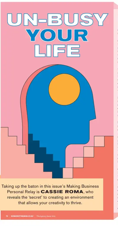  ??  ?? Taking up the baton in this issue’s Making Business Personal Relay is who reveals the ‘secret’ to creating an environmen­t that allows your creativity to thrive.