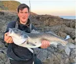  ??  ?? Harvey Clews caught this bass on his third cast while fishing locally at Swansea. The 8lb 8oz fish took a Sidewinder Bass Stick at low tide.