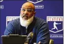  ?? Richard Drew / Associated Press ?? Major League Baseball Players Associatio­n Executive Director Tony Clark answers a question at a press conference in their offices in New York.