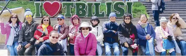  ??  ?? The gang is all here in Tbilisi: (Front row) Joseph and Penny Liao; (back row, from left) Cecile Angelia, Dr. Dick Angelia, Nema Ocon, Cris Constantin­o, Maura Constantin­o, Virgie Reyes, Felix Copiaco, Leny Reyes, Fely Alinao, Violy Sagla and local guide Nina