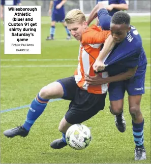  ?? Picture: Paul Amos FM4749932 ?? Willesboro­ugh Athletic (blue) and Cuxton 91 get shirty during Saturday’s game