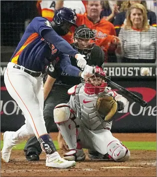  ?? SUE OGROCKI — THE ASSOCIATED PRESS FILE ?? Houston Astros’ Yordan Alvarez is dealing with a sore hand and won’t take batting practice for a few days.