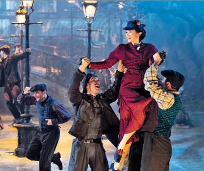  ??  ?? Emily Blunt as Mary Poppins, and below with Emily Mortimer’s Jane and Ben Whishaw’s Michael, in Mary Poppins Returns. Inset, Russell Crowe as Robin Hood