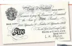  ??  ?? HISTORY NOTES: The last ‘White Fiver’, above; the first blue notes from 1957, right; and the Queen first appeared in 1963, below