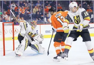  ?? MATT ROURKE/ASSOCIATED PRESS ?? Philadelph­ia’s Michael Raffl (12) scores a goal against Vegas goaltender Oscar Dansk during the second period of the Flyers’ win over the Golden Knights Monday.