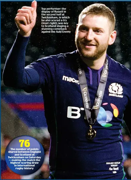  ??  ?? Top performer: the display of Russell in the second half at Twickenham, in which he also scored a try (inset right), was key to Scotland staging a stunning comeback against the Auld Enemy