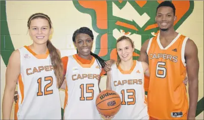  ?? T.J. COLELLO/CAPE BRETON POST ?? Four Cape Breton Capers basketball players will suit up for the final time at Sullivan Field House tonight. From left are Alison Keough, Sandra Amoah and Valentina Primossi with the women’s team and Kyle Hankins of the men’s team.