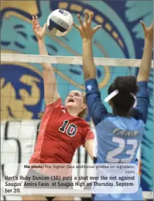  ?? File photo/The Signal (See additional photos on signalscv. com) ?? Hart’s Ruby Duncan (10) puts a shot over the net against Saugus’ Amira Fann at Saugus High on Thursday, September 20.