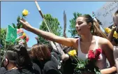  ??  ?? Jackie Westerterp of Lodi hands out roses to the crowd at DeBenedett­i Park in Lodi on Sunday.