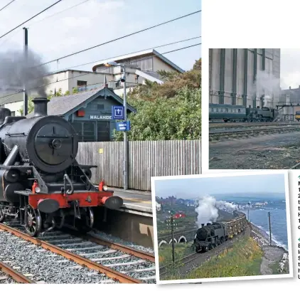  ?? BOTH: GEOFF PLUMB ?? ‘Jeeps’ Nos. 50 and 5 skirt the shores of Belfast Lough, near Whitehead, with a loaded Magheramor­ne-Belfast spoil train in September 1968. The Down line passed through a short tunnel beneath the cliff, but has now been abandoned. Only the former Up line survives.