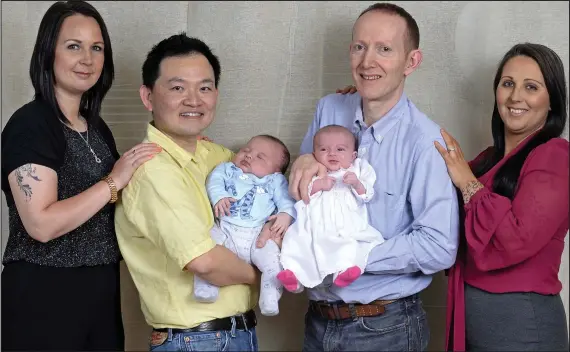  ??  ?? Happy families: Left to right, Bex Harris, Daryl Lee holding Phoenix, Luke Harris with Willow-Star and Viktoria Ellis. Right: Expectant Becky Harris