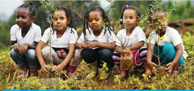  ??  ?? ADDIS ABABA: Young Ethiopian girls take part in a national tree-planting drive in the capital on July 28, 2019. — AFP