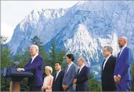 ?? LUKAS BARTH AP ?? U.S. President Joe Biden speaks at the G-7 leaders summit at Bavaria’s Schloss Elmau castle, near Garmisch-Partenkirc­hen, Germany, on Sunday.