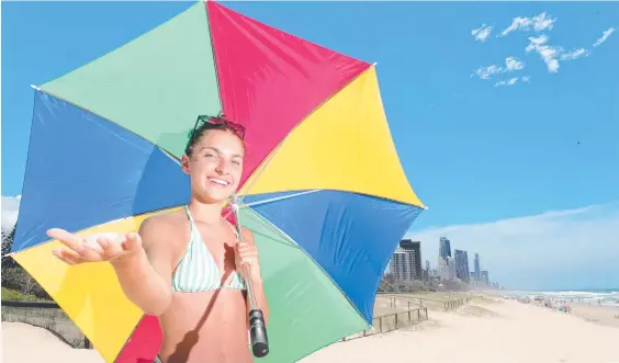  ?? Picture: Glenn Hampson ?? Melbourne visitor Kayla Janides, 18, won’t let a few showers get in the way of her daily trips to the beach at Broadbeach.