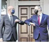  ?? PHOTO: JULIAN BEHAL ?? Moment of truth: European Council president Charles Michel with Taoiseach Micheál Martin in Dublin yesterday.