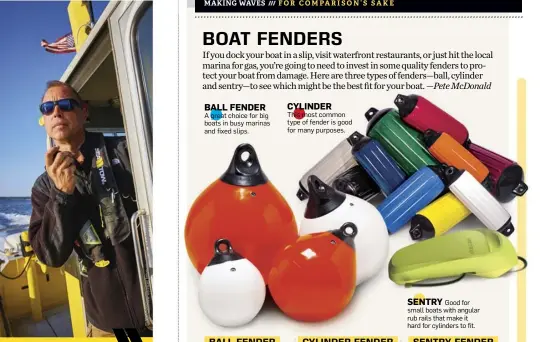  ??  ?? BALL FENDER
A great choice for big boats in busy marinas and fixed slips.
CYLINDER
This most common type of fender is good for many purposes.
SENTRY Good for small boats with angular rub rails that make it hard for cylinders to fit.