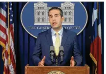 ?? TEXAS GENERAL LAND OFFICE / YOUTUBE 2015 ?? General Land Office Commission­er George P. Bush gives a progress report in 2015 on his first 100 days in office. Bush is running for a second term and faces former Commission­er Jerry Patterson in next month’s Republican primary.