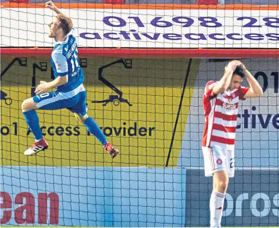  ?? Picture: SNS Group. ?? Ecstasy and agony: David Wotherspoo­n takes to the air to celebrate scoring Saints’ second goal but Hamilton’s Darren Lyon shows his frustratio­n.