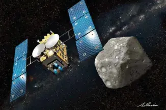  ?? (JAXA) ?? Vision d’artiste de la sonde Hayabusa 2 approchant de l’astéroïde Ryugu.