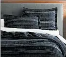  ?? CRATE & BARREL ?? Crate &amp; Barrel’s Nagano collection features lightweigh­t cotton and linen voile bedding in a navy and white stitched pattern.