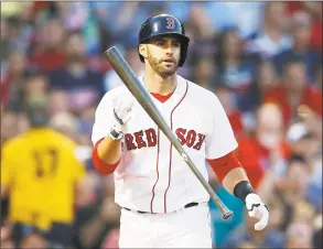  ?? Michael Dwyer / Associated Press ?? The Boston Red Sox’s J. D. Martinez reacts during an at- bat against the Toronto Blue Jays in Boston on Thursday.