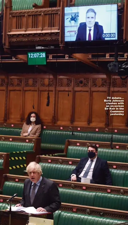  ?? Picture: JESSICA TAYLOR/HOC ?? TV debate... Boris Johnson clashes with an on-screen Sir Keir in the Commons yesterday