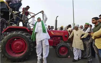  ?? — PTI ?? Bharatiya Kisan Union (BKU) spokespers­on Rakesh Tikait at the Ghazipur border in New Delhi on Monday during the ongoing farmers’ agitation against the Centre’s new farm laws.