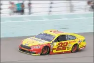  ?? Lynne Sladky / Associated Press ?? Joey Logano, No. 2, drives on the track during the NASCAR Cup Series Championsh­ip auto race at the Homestead-Miami Speedway on Sunday.