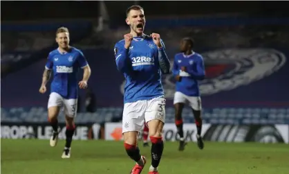  ?? Photograph: Ian MacNicol/Getty Images ?? Borna Barisic celebrates his penalty against Antwerp as Rangers secure their passage into the last 16 of the Europa League.
