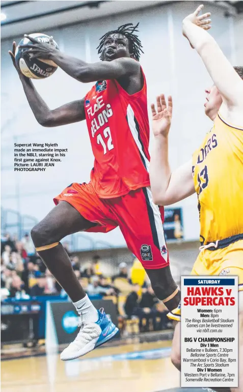  ??  ?? Supercat Wang Nyieth made an immediate impact in the NBL1, starring in his first game against Knox. Picture: LAURI JEAN PHOTOGRAPH­Y