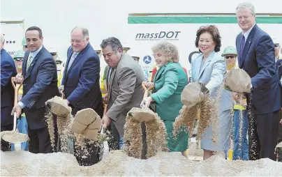  ?? STAFF PHOTO BY ANGELA ROWLINGS ?? ALL ABOARD! From left, Somerville Mayor Joseph Curtatone, left, U.S. Rep. Michael E. Capuano, MBTA General Manager Luis Ramirez, Massachuse­tts Transporta­tion Secretary Stephanie Pollack, U.S. Department of Transporta­tion Secretary Elaine L. Chao and...