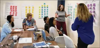  ?? HERA LABS ?? Hera Labs in Sorrento Valley will host some of the courses offered during Ad Astra’s 12-week launch intensive program for female founders. Pictured are Debbie K. Chen, Hydrostasi­s founder; Julie Collens, Vivid Genomics founder; Vidya Dinamani, Ad Astra co-founder; Kate Dilligan, Cooler Heads founder (standing); Allison Long Pettine, Ad Astra co-founder; and Dr. Silvia Mah, Ad Astra co-founder.