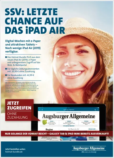  ??  ?? ■ Das Heimat-Bundle PLUS aus dem neuen iPad Air (2019), e-Paper und unbegrenzt­em Zugriff auf das Web- & Mobilporta­l
■ Für tägliche Zeitungsab­onnenten
mtl. 20,50 € ohne Zuzahlung
■ Für Neukunden mtl. 42,99 €
ohne Zuzahlung Jetzt bestellen unter: heimat-bundle.de