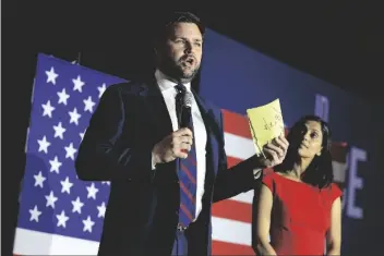  ?? AARON DOSTER/AP ?? Republican Senate candidate JD Vance speaks to his supporters during an election night watch party on Tuesday in Cincinnati.