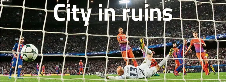  ?? — Reuters ?? Four up: Neymar scoring Barcelona’s fourth goal against Manchester City in the Champions League Group C match on Wednesday.