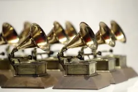  ?? Julio Cortez, Associated Press file ?? Grammy Awards are displayed at the Grammy Museum Experience at Prudential Center in Newark, N.J., in October 2017.