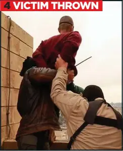  ??  ?? 4 VICTIM THROWN
GRISLY: Two Islamic State fighters lead the second prisoner to the rooftop edge