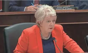  ?? TENNESSEE GENERAL ASSEMBLY VIDEO SCREENSHOT ?? Tennessee state Sen. Janice Bowling questions Health Commission­er Dr. Lisa Piercey during a June 16 legislativ­e hearing. Conservati­ve lawmakers, including Bowling, were critical of the agency's efforts to vaccinate teenagers.