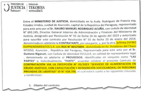  ?? ?? Encabezado del contrato firmado por el Ministerio de Justicia con la empresa adjudicada para el servicio de alimentaci­ón.