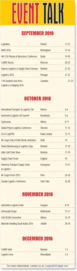  ??  ?? Logistikka IMHX 2016 4th CCA Pharma & Bioscience Conference CeMAT Russia Express Logistics & Supply Chain Conclave Logistics 2016 11th Southern Asia Ports, Logistics & Shipping 2016 Internatio­nal Transport & Logistics Fair Automotive Logistics UK...