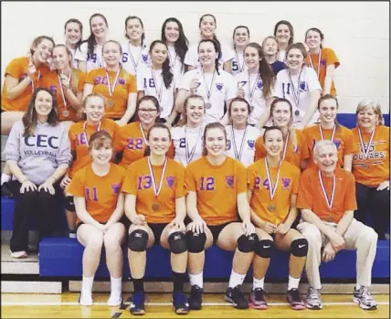  ?? SUbmitted ?? CEC teams captured gold and silver at the Sydney Smash invitation­al high school girls volleyball tournament over the weekend. The CEC #1 team defeated CEC #2 in straight sets in the final of the six-team event. Members of those teams are, front row, from left, MacKay Kincaid-Webster, Laura Hughes McKay, Robbi Gordon, Shayla Gloade and coach Bob Piers; second row, coach Hilary Cormier, Maddie Greatorex, Kennedy Wry, Hannah Crouse, Maddie Ball, Ellen Lewis, Nicole Rector and coach Carrie Peck. Third row, Maddie MacGregor, Mariah Putnam, Becca Worden, Hannah Faulkner, MacKenzie Matheson, Sydney Davidson and Paige Crosby; fourth row, Caitlin Whooten, Macailin Tanner, Marlee McQuillan, Emma Fortunato, Emma Shive, Sarah Garrett, super fan Lily Fortunato, Erin Reeves and Haley Adams.