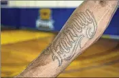  ?? ?? Jeremiah Armstead, who was born in Atlanta, displays a tattoo of the word “family.” He is the first player from an NAIA school or an HBCU to win the Most Courageous award.