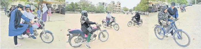  ?? ?? A combinatio­n picture shows Safdar gives intruction­s to a student during a motorbike riding lesson at an open ground in Karachi.