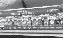  ?? BETH HARRIS/AP ?? The field for the $6 million Breeders’ Cup Classic at Santa Anita Park is displayed on a video board Monday.