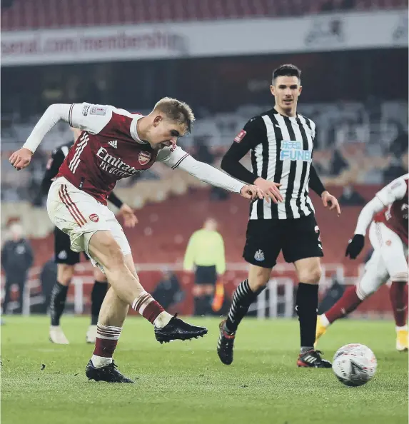  ??  ?? Emile Smith Rowe puts Arsenal in front in the second period of extra time.