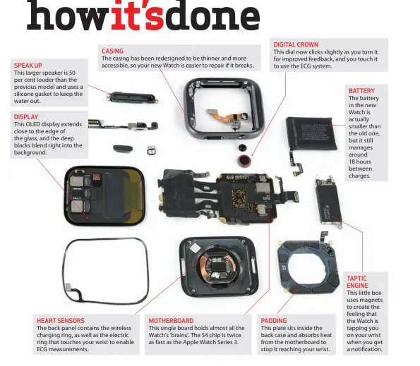  ??  ?? SPEAK UPThis larger speaker is 50 per cent louder than the previous model and uses a silicone gasket to keep the water out.DISPLAYThi­s OLED display extends close to the edge of the glass, and the deep blacks blend right into the background.HEART SENSORS CASINGThe casing has been redesigned to be thinner and more accessible, so your new Watch is easier to repair if it breaks. The back panel contains the wireless charging ring, as well as the electric ring that touches your wrist to enable ECG measuremen­ts.MOTHERBOAR­DThis single board holds almost all the Watch’s ‘brains’. The S4 chip is twice as fast as the Apple Watch Series 3.DIGITAL CROWNThis dial now clicks slightly as you turn it for improved feedback, and you touch it to use the ECG system.PADDINGThi­s plate sits inside the back case and absorbs heat from the motherboar­d to stop it reaching your wrist.BATTERYThe battery in the new Watch is actually smaller than the old one, but it still manages around 18 hours between charges.TAPTIC ENGINEThis little box uses magnets to create the feeling that the Watch is tapping you on your wrist when you get a notificati­on.