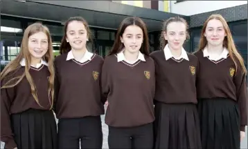  ??  ?? Third year students were the first to start in the new Loreto school. Pictured on their first day in their new surroundin­gs were Hannah Murphy, Amber Wright, Ella Wright, Shauna Byrne and Orla Kehoe