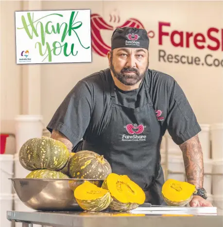  ??  ?? Chef Michael Gurney at FareShare in Brisbane and (inset) a thank you postcard. Picture: Richard Walker