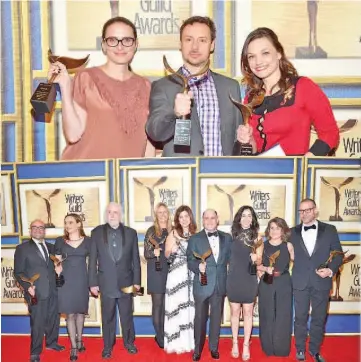  ??  ?? (Left to right) Writers Jonathan Igla, Semi Chellas, Robert Towne, Janet Leahy, Carly Wray, Matthew Weiner, Erin Levy, Lisa Albert, and Tom Smuts, winners of the Drama Series award for ‘Mad Men,’ pose in the Press Room during the 2016 Writers Guild Awards at the Hyatt Regency Century Plaza on Saturday in Los Angeles, California. (Top left to right) Writers Jessi Klein, Kyle Dunnigan, and Christine Nangle, recipients of the Comedy/Variety Sketch Series award for ‘Inside Amy Schumer’. — AFP photos