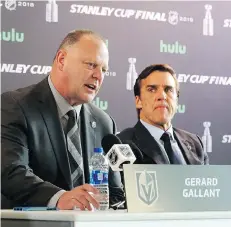  ?? BRUCE BENNETT/GETTY IMAGES ?? Coach Gerard Gallant, left, and GM George McPhee have the Knights on the verge of a historic Stanley Cup title.